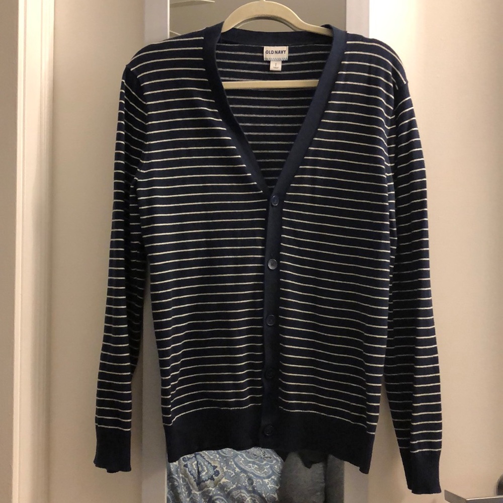 Men’s navy striped cardigan, size small